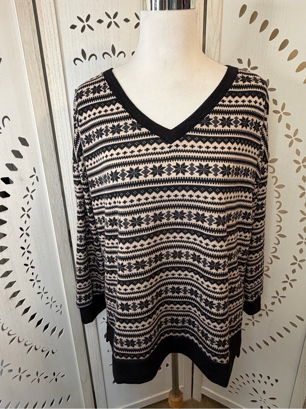 Black and Cream Fair Isle V-Neck Women's Top